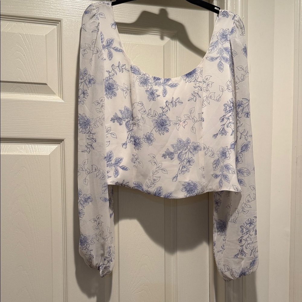 NWT House of Harlow 1960 Blue Floral Sheer Puff Sleeve Corset Smock Coquette Med